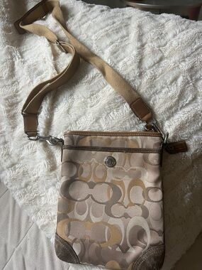 Coach Beige Signature Canvas Crossbody Bag with Tan Accents